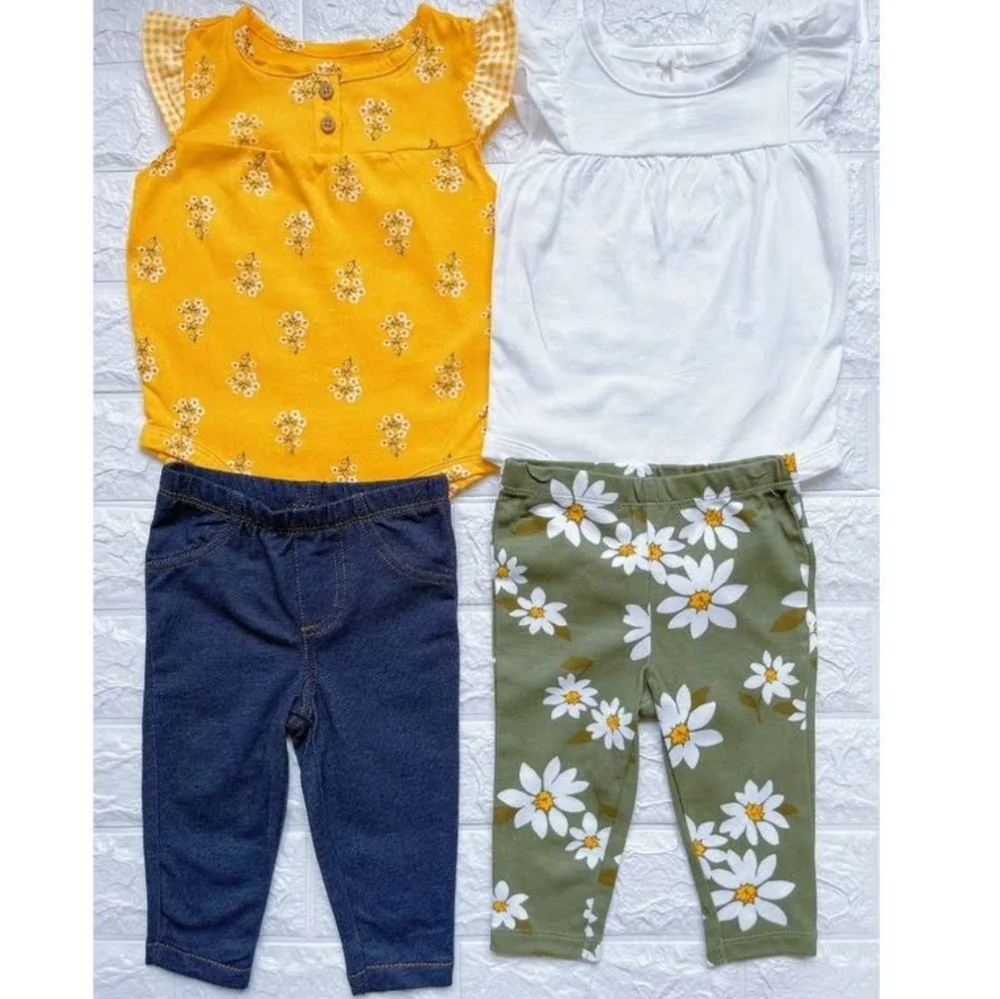 4 Pack)Carters Baby Girl Sz 3 Months Yellow White Daisies Bodysuit‎ Pants Cotton
